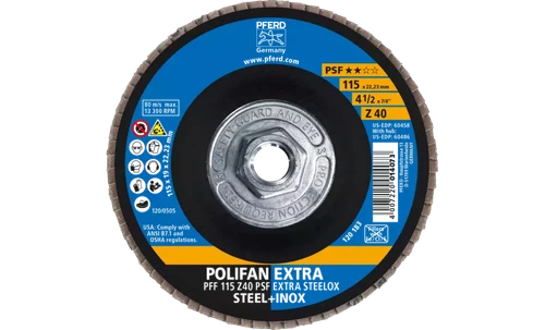 Pferd 60486 Polifan Flap Disc | 5/8-11" Arbor Hole | 4-1/2" Diameter | Zirconia Alumina 40 Grit | Type 27 | Sold by Box of 10