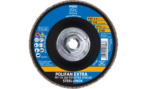 Pferd 60488 Polifan Flap Disc | 5/8-11" Arbor Hole | 4-1/2" Diameter | Zirconia Alumina 60 Grit | Type 27 | Sold by Box of 10
