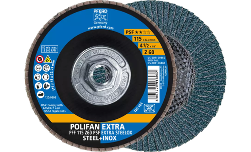 Pferd 60488 Polifan Flap Disc | 5/8-11" Arbor Hole | 4-1/2" Diameter | Zirconia Alumina 60 Grit | Type 27 | Sold by Box of 10