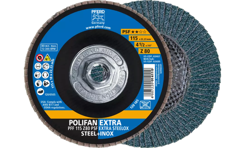 Pferd 60489 Polifan Flap Disc | 5/8-11" Arbor Hole | 4-1/2" Diameter | Zirconia Alumina 80 Grit | Type 27 | Sold by Box of 10