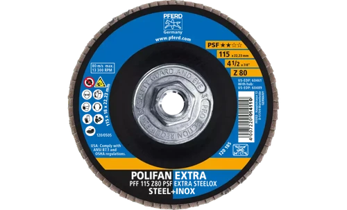 Pferd 60489 Polifan Flap Disc | 5/8-11" Arbor Hole | 4-1/2" Diameter | Zirconia Alumina 80 Grit | Type 27 | Sold by Box of 10