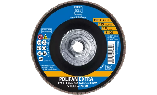 Pferd 60490 Polifan Flap Disc | 5/8-11" Arbor Hole | 4-1/2" Diameter | Zirconia Alumina 120 Grit | Type 27 | Sold by Box of 10