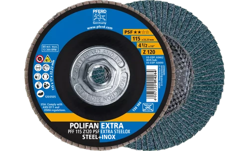 Pferd 60490 Polifan Flap Disc | 5/8-11" Arbor Hole | 4-1/2" Diameter | Zirconia Alumina 120 Grit | Type 27 | Sold by Box of 10
