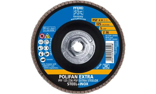 Pferd 60492 Polifan Flap Disc | 5/8-11" Arbor Hole | 5" Diameter | Zirconia Alumina 36 Grit | Type 27 | Sold by Box of 10
