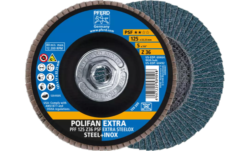 Pferd 60492 Polifan Flap Disc | 5/8-11" Arbor Hole | 5" Diameter | Zirconia Alumina 36 Grit | Type 27 | Sold by Box of 10