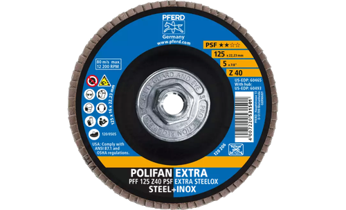 Pferd 60493 Polifan Flap Disc | 5/8-11" Arbor Hole | 5" Diameter | Zirconia Alumina 40 Grit | Type 27 | Sold by Box of 10