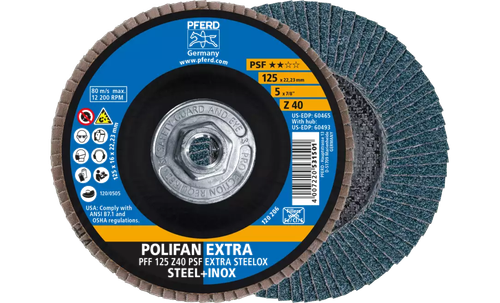 Pferd 60493 Polifan Flap Disc | 5/8-11" Arbor Hole | 5" Diameter | Zirconia Alumina 40 Grit | Type 27 | Sold by Box of 10