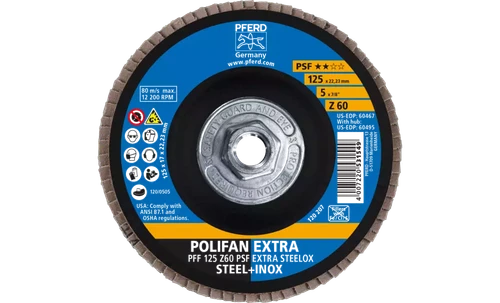 Pferd 60495 Polifan Flap Disc | 5/8-11" Arbor Hole | 5" Diameter | Zirconia Alumina 60 Grit | Type 27 | Sold by Box of 10