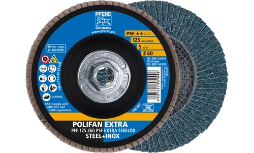 Pferd 60495 Polifan Flap Disc | 5/8-11" Arbor Hole | 5" Diameter | Zirconia Alumina 60 Grit | Type 27 | Sold by Box of 10