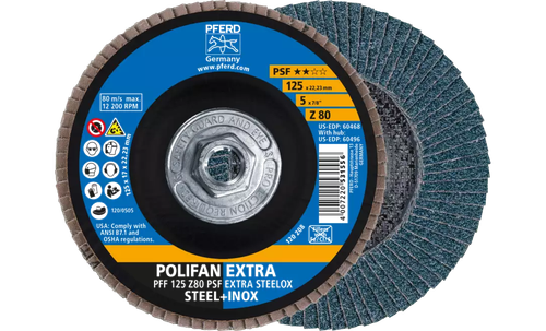 Pferd 60496 Polifan Flap Disc | 5/8-11" Arbor Hole | 5" Diameter | Zirconia Alumina 80 Grit | Type 27 | Sold by Box of 10