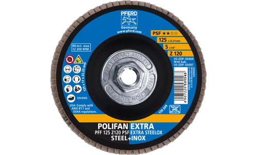 Pferd 60497 Polifan Flap Disc | 5/8-11" Arbor Hole | 5" Diameter | Zirconia Alumina 120 Grit | Type 27 | Sold by Box of 10