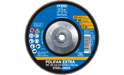 Pferd 60506 Polifan Flap Disc | 5/8-11" Arbor Hole | 7" Diameter | Zirconia Alumina 36 Grit | Type 27 | Sold by Box of 10