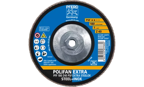 Pferd 60507 Polifan Flap Disc | 5/8-11" Arbor Hole | 7" Diameter | Zirconia Alumina 40 Grit | Type 27 | Sold by Box of 10