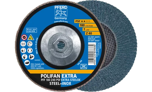 Pferd 60507 Polifan Flap Disc | 5/8-11" Arbor Hole | 7" Diameter | Zirconia Alumina 40 Grit | Type 27 | Sold by Box of 10