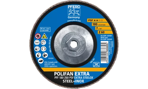 Pferd 60509 Polifan Flap Disc | 5/8-11" Arbor Hole | 7" Diameter | Zirconia Alumina 60 Grit | Type 27 | Sold by Box of 10