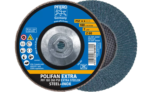 Pferd 60509 Polifan Flap Disc | 5/8-11" Arbor Hole | 7" Diameter | Zirconia Alumina 60 Grit | Type 27 | Sold by Box of 10