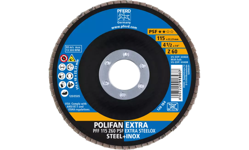 Pferd 60460 Polifan Flap Disc | 7/8" Arbor Hole | 4-1/2" Diameter | Zirconia Alumina 60 Grit | Type 27 | Sold by Box of 10