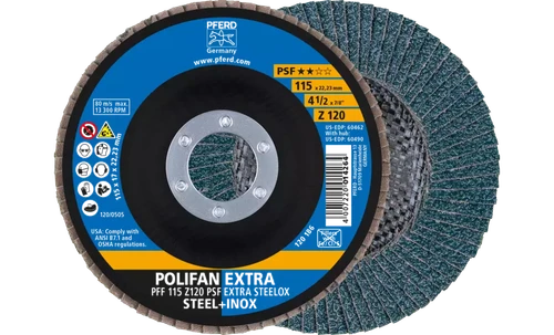 Pferd 60462 Polifan Flap Disc | 7/8" Arbor Hole | 4-1/2" Diameter | Zirconia Alumina 120 Grit | Type 27 | Sold by Box of 10