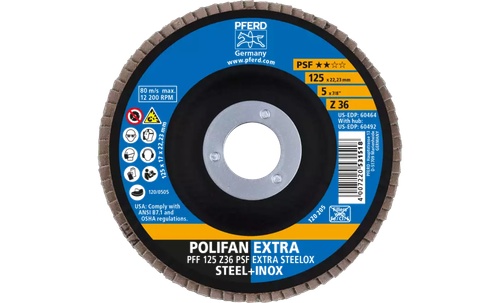 Pferd 60464 Polifan Flap Disc | 7/8" Arbor Hole | 5" Diameter | Zirconia Alumina 36 Grit | Type 27 | Sold by Box of 10
