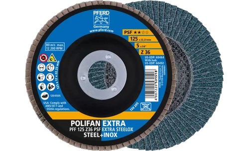 Pferd 60464 Polifan Flap Disc | 7/8" Arbor Hole | 5" Diameter | Zirconia Alumina 36 Grit | Type 27 | Sold by Box of 10