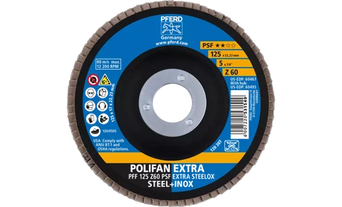 Pferd 60467 Polifan Flap Disc | 7/8" Arbor Hole | 5" Diameter | Zirconia Alumina 60 Grit | Type 27 | Sold by Box of 10