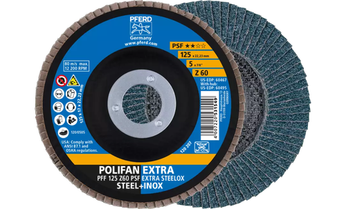 Pferd 60467 Polifan Flap Disc | 7/8" Arbor Hole | 5" Diameter | Zirconia Alumina 60 Grit | Type 27 | Sold by Box of 10