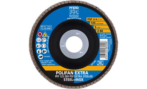 Pferd 60468 Polifan Flap Disc | 7/8" Arbor Hole | 5" Diameter | Zirconia Alumina 80 Grit | Type 27 | Sold by Box of 10