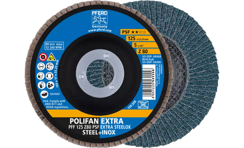 Pferd 60468 Polifan Flap Disc | 7/8" Arbor Hole | 5" Diameter | Zirconia Alumina 80 Grit | Type 27 | Sold by Box of 10