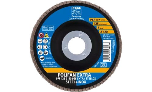 Pferd 60469 Polifan Flap Disc | 7/8" Arbor Hole | 5" Diameter | Zirconia Alumina 120 Grit | Type 27 | Sold by Box of 10