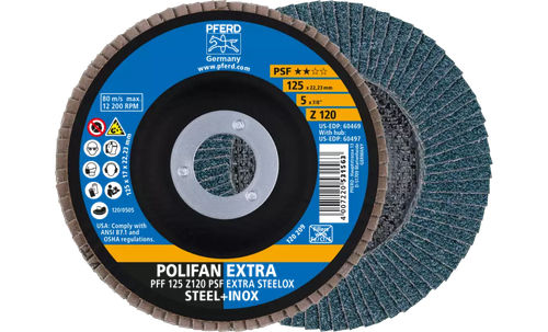 Pferd 60469 Polifan Flap Disc | 7/8" Arbor Hole | 5" Diameter | Zirconia Alumina 120 Grit | Type 27 | Sold by Box of 10