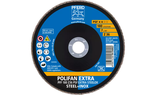 Pferd 60478 Polifan Flap Disc | 7/8" Arbor Hole | 7" Diameter | Zirconia Alumina 36 Grit | Type 27 | Sold by Box of 10