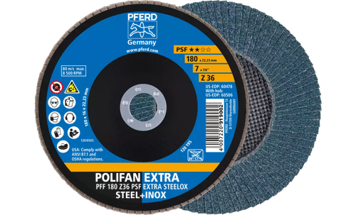 Pferd 60478 Polifan Flap Disc | 7/8" Arbor Hole | 7" Diameter | Zirconia Alumina 36 Grit | Type 27 | Sold by Box of 10