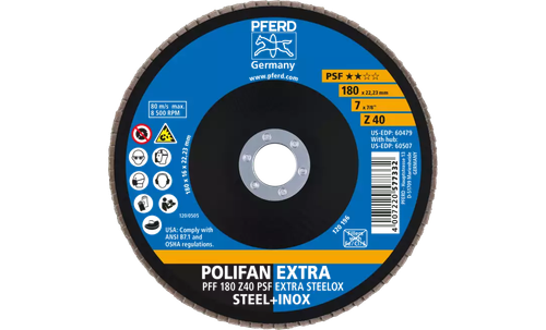 Pferd 60479 Polifan Flap Disc | 7/8" Arbor Hole | 7" Diameter | Zirconia Alumina 40 Grit | Type 27 | Sold by Box of 10