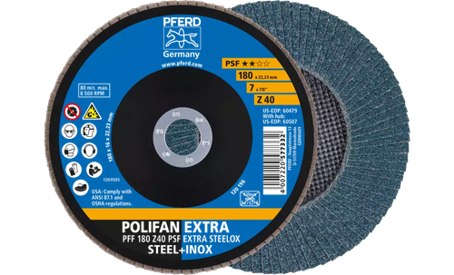 Pferd 60479 Polifan Flap Disc | 7/8" Arbor Hole | 7" Diameter | Zirconia Alumina 40 Grit | Type 27 | Sold by Box of 10