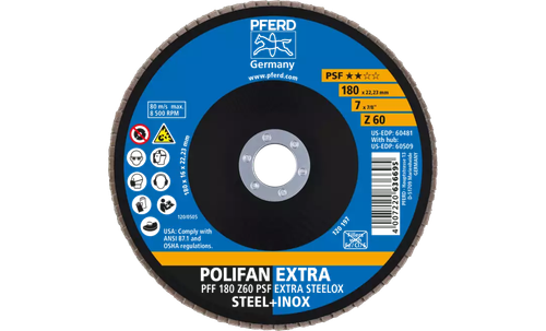 Pferd 60481 Polifan Flap Disc | 7/8" Arbor Hole | 7" Diameter | Zirconia Alumina 60 Grit | Type 27 | Sold by Box of 10