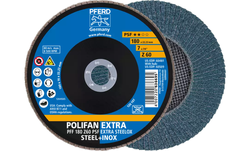 Pferd 60481 Polifan Flap Disc | 7/8" Arbor Hole | 7" Diameter | Zirconia Alumina 60 Grit | Type 27 | Sold by Box of 10