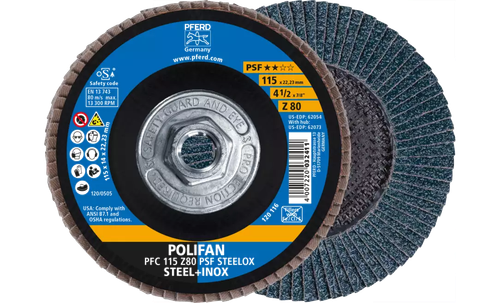 Pferd 62073 Polifan Flap Disc | 5/8-11" Arbor Hole | 4-1/2" Diameter | Zirconia Alumina 80 Grit | Type 29 | Sold by Box of 10