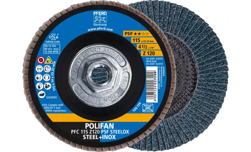 Pferd 62074 Polifan Flap Disc | 5/8-11" Arbor Hole | 4-1/2" Diameter | Zirconia Alumina 120 Grit | Type 29 | Sold by Box of 10