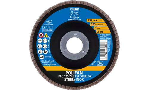 PFERD 63031 Polifan Flap Disc | 7/8" Arbor Hole | 5" Diameter | Zirconia Alumina 40 Grit | Type 29 | Sold by Box of 10
