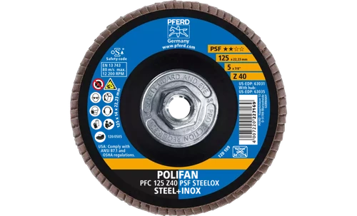 Pferd 63035 Polifan Flap Disc | 5/8-11" Arbor Hole | 5" Diameter | Zirconia Alumina 40 Grit | Type 29 | Sold by Box of 10