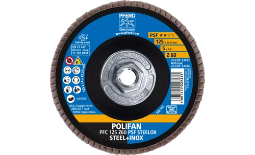 Pferd 63036 Polifan Flap Disc | 5/8-11" Arbor Hole | 5" Diameter | Zirconia Alumina 60 Grit | Type 29 | Sold by Box of 10