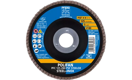 PFERD 63033 Polifan Flap Disc | 7/8" Arbor Hole | 5" Diameter | Zirconia alumina 80 Grit | Conical | Sold by Box of 10
