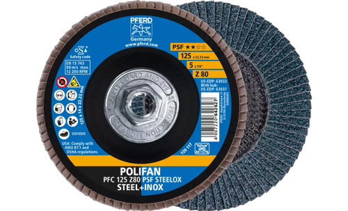Pferd 63037 Polifan Flap Disc | 5/8-11" Arbor Hole | 5" Diameter | Zirconia Alumina 80 Grit | Type 29 | Sold by Box of 10