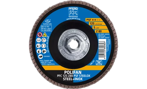 Pferd 63037 Polifan Flap Disc | 5/8-11" Arbor Hole | 5" Diameter | Zirconia Alumina 80 Grit | Type 29 | Sold by Box of 10