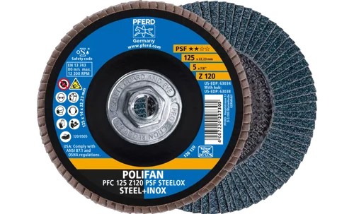 Pferd 63038 Polifan Flap Disc | 5/8-11" Arbor Hole | 5" Diameter | Zirconia Alumina 120 Grit | Type 29 | Sold by Box of 10