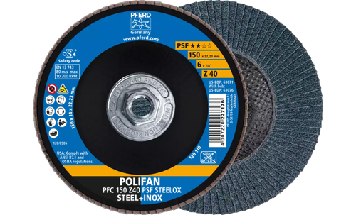 Pferd 63076 Polifan Flap Disc | 5/8-11" Arbor Hole | 6" Diameter | Zirconia Alumina 40 Grit | Type 29 | Sold by Box of 10