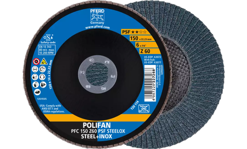 PFERD 63072 Polifan Flap Disc | 7/8" Arbor Hole | 6" Diameter | Zirconia Alumina 60 Grit | Type 29 | Sold by Box of 10