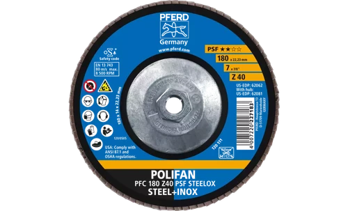 Pferd 62081 Polifan Flap Disc | 5/8-11" Arbor Hole | 7" Diameter | Zirconia Alumina 40 Grit | Type 29 | Sold by Box of 10