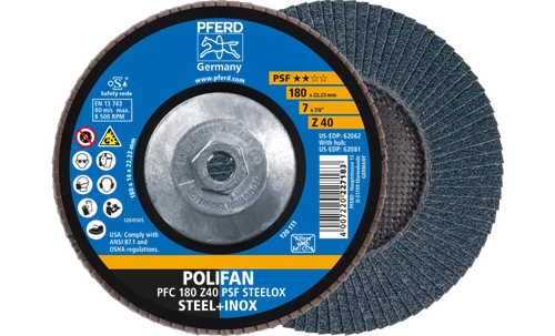 Pferd 62081 Polifan Flap Disc | 5/8-11" Arbor Hole | 7" Diameter | Zirconia Alumina 40 Grit | Type 29 | Sold by Box of 10