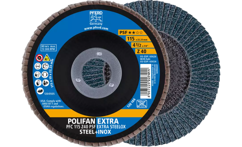 Pferd 60626 Polifan Flap Disc | 7/8" Arbor Hole | 4-1/2" Diameter | Zirconia Alumina 40 Grit | Type 29 | Sold by Box of 10